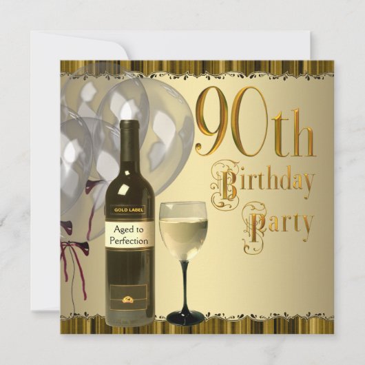 Wijnglazen fles Goud 90e Verjaardagsfeest Kaart (Voorkant)