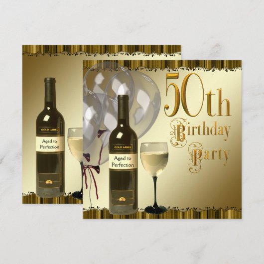 Wijnglazen fles zwart goud 50ste verjaardagsfeest kaart (Voorkant / Achterkant)