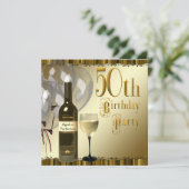 Wijnglazen fles zwart goud 50ste verjaardagsfeest kaart (Staand voorkant)
