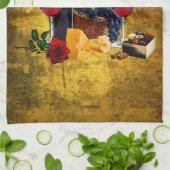 Wijnglazen, flesjes, druiven, kaas, chacolaten theedoek (Gevouwen)