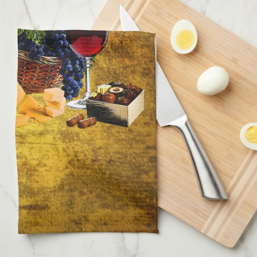 Wijnglazen, flesjes, druiven, kaas, chacolaten theedoek (Quarter Fold)