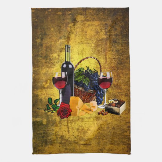 Wijnglazen, flesjes, druiven, kaas, chacolaten theedoek (Verticaal)
