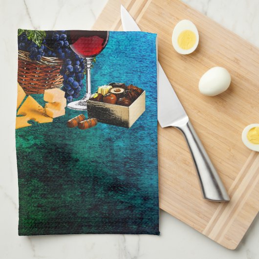 Wijnglazen, flesjes, druiven, kaas, chocolade theedoek (Quarter Fold)