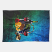 Wijnglazen, flesjes, druiven, kaas, chocolade theedoek (Horizontaal)