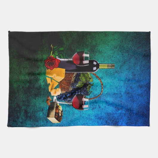 Wijnglazen, flesjes, druiven, kaas, chocolade theedoek (Horizontaal)