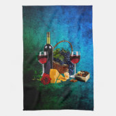 Wijnglazen, flesjes, druiven, kaas, chocolade theedoek (Verticaal)