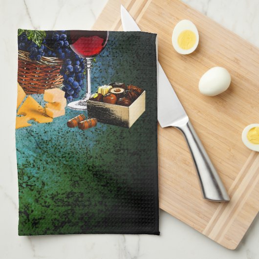 Wijnglazen, flesjes, druiven, kaas, chocolade theedoek (Quarter Fold)