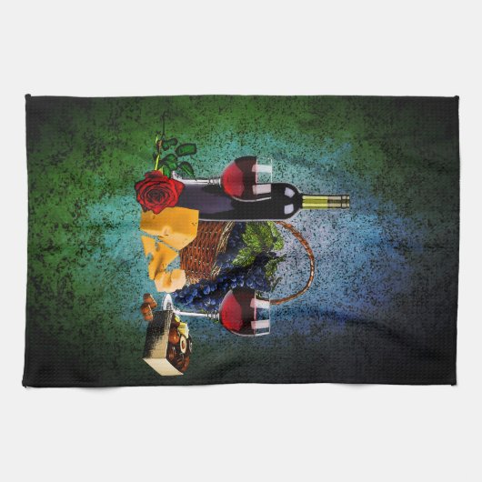 Wijnglazen, flesjes, druiven, kaas, chocolade theedoek (Horizontaal)