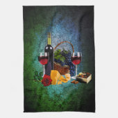 Wijnglazen, flesjes, druiven, kaas, chocolade theedoek (Verticaal)