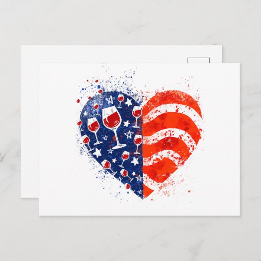 Wijnglazen Heart 4 juli Patriottisch Amerikaans Briefkaart (Voorkant / Achterkant)