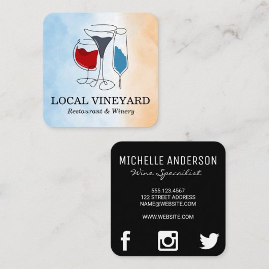 Wijnglazen illustraties | Waterverf Vierkante Visitekaartje (Voorkant / Achterkant)