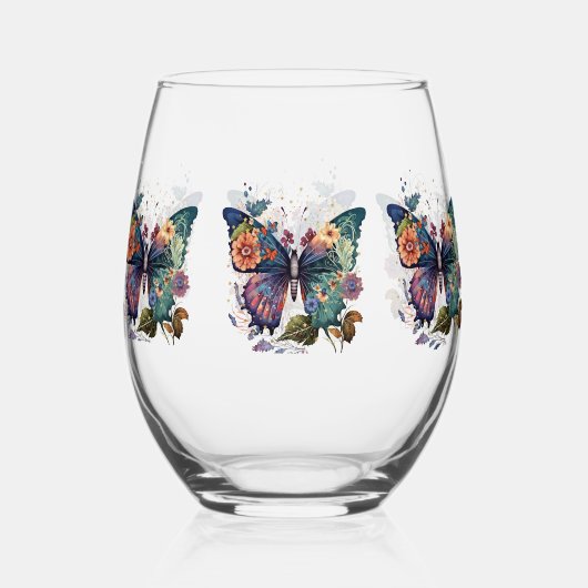 Wijnglazen met Retro Vlinders & Bloemen Wijnglas Zonder Voet (Achterkant)