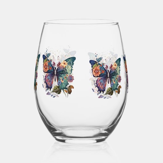 Wijnglazen met Retro Vlinders & Bloemen Wijnglas Zonder Voet (Rechts)