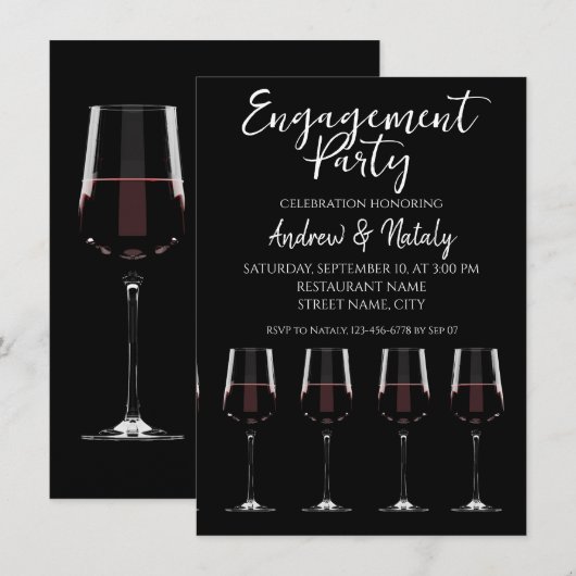 Wijnglazen met rode wijn op zwarte uitnodiging (Voorkant / Achterkant)