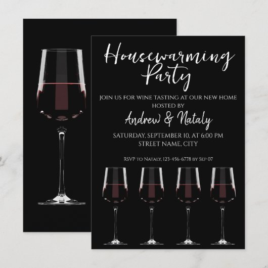 Wijnglazen met rode wijn op zwarte uitnodiging (Voorkant / Achterkant)