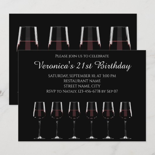 Wijnglazen met rode wijn op zwarte uitnodiging (Voorkant / Achterkant)