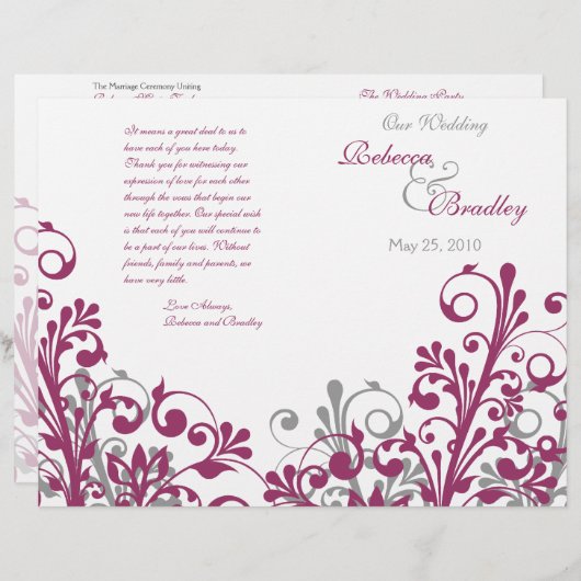 wijngrijs wit abstract bloemig trouwprogramma (Voorkant / Achterkant)