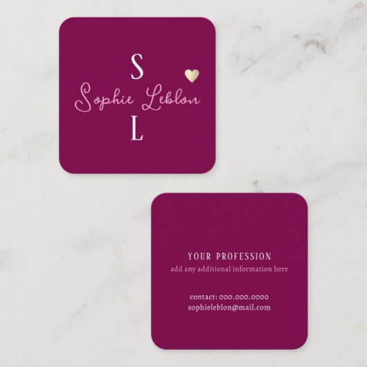 Wijnkleur Girly Calligrafie Romantisch Monogram Vierkante Visitekaartje (Voorkant / Achterkant)
