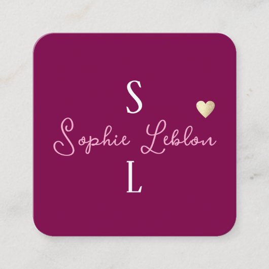 Wijnkleur Girly Calligrafie Romantisch Monogram Vierkante Visitekaartje (Voorkant)