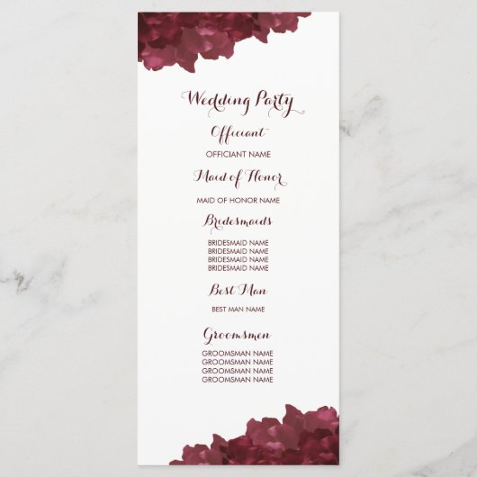 Wijnkleurig Bloemen Trouwprogramma Programmakaart (Achterkant)