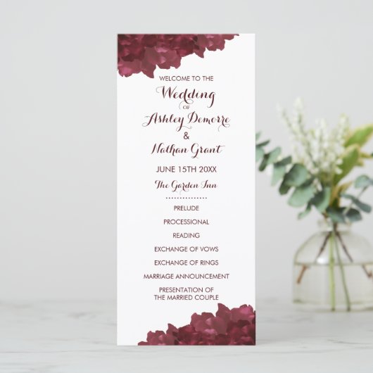 Wijnkleurig Bloemen Trouwprogramma Programmakaart (Staand voorkant)