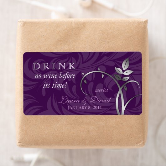 Wijnlabel Leaf Swirls Paars Silver Etiket (Insitu)
