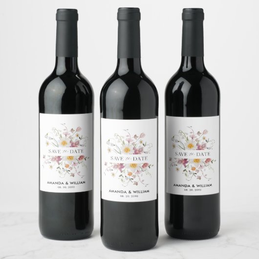 Wijnlabel 'Save the Date' – Aquarel Bloemen Wijn Etiket (Flessen)