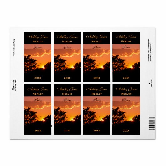 Wijnlabel Sjabloon Sinaasappel Sunset Bird Silhout Etiket (Full Sheet)