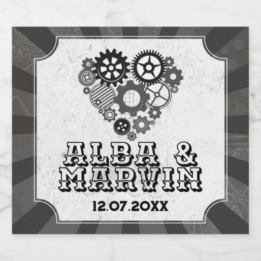 Wijnlabels Steampunk Wedding Hearts Cogs Sparkling Wijnetiket (Enkel label)