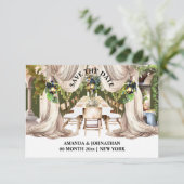 Wijnland buiten tafel wijnmakerij draperieën save the date (Staand voorkant)