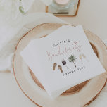 Wijnland-gepersonaliseerde Bachelorette Servet<br><div class="desc">Krijg het feest gestart met deze schattige aangepaste servetten die gemakkelijk te personaliseren zijn voor uw vrijgezellenfeest, 's nachts of meisjes weekend! Boho wijnstijl design heeft delicate waterverf illustraties van sandalen, een palmboom, champagneglazen en rode wijn met stoffige rozen roze accentbelettering. Personaliseer met drie regels aangepaste tekst; getoond met de...</div>