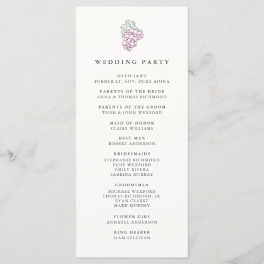 Wijnland huwelijksceremonie programma programmakaart (Achterkant)