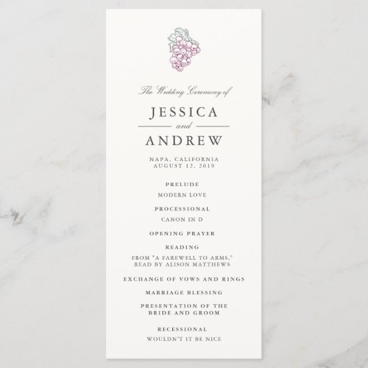 Wijnland huwelijksceremonie programma programmakaart (Voorkant)