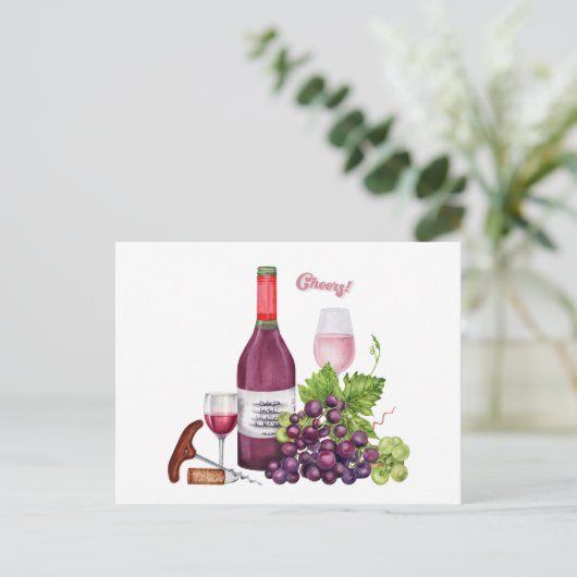 Wijnliefhebber druiven, wijnfles, wijnglazen feestdagenkaart (Staand voorkant)