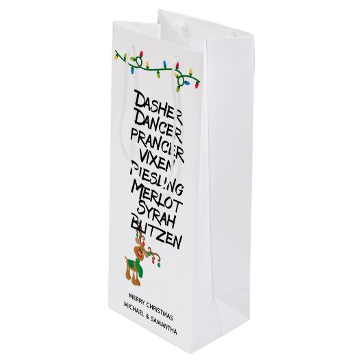 Wijnliefhebber rendieren Namen Funny Christmas Wijn Cadeautas (Voorkant Gekanteld)