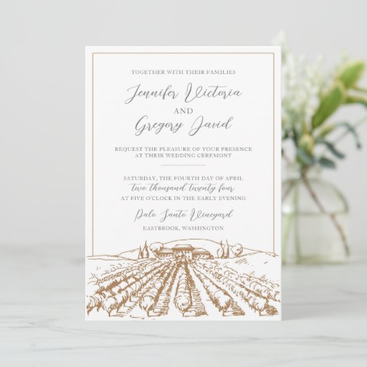 Wijnmakerij bruiloft uitnodiging met wijngaard tek (Staand voorkant)