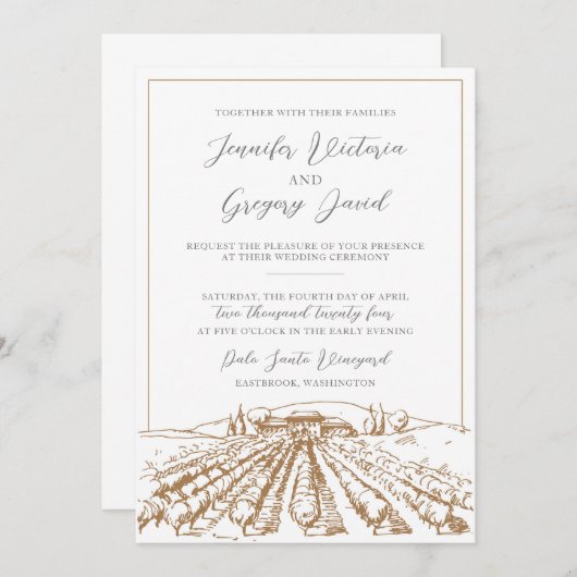 Wijnmakerij bruiloft uitnodiging met wijngaard tek (Voorkant / Achterkant)