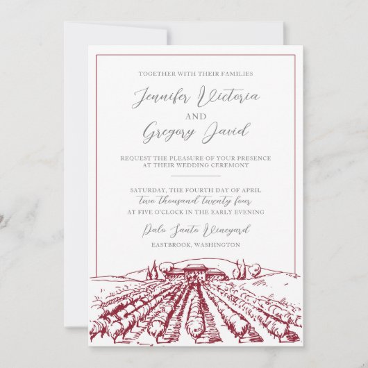 Wijnmakerij bruiloft uitnodiging met wijngaard tek (Voorkant)