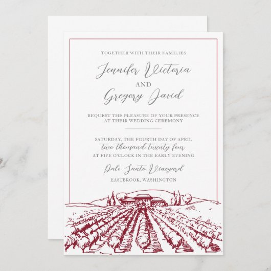 Wijnmakerij bruiloft uitnodiging met wijngaard tek (Voorkant / Achterkant)