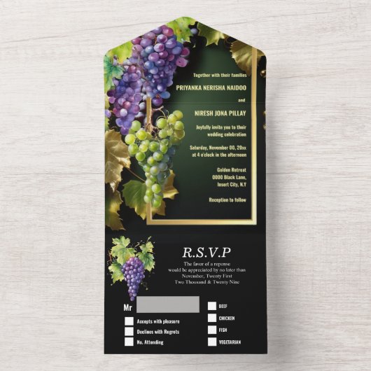 Wijnmakerij bruiloft wijndruiven wijngaard elegant all in one uitnodiging (Binnen)
