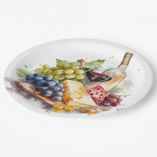 Wijnmakerij Druiven Kaas Wijnglas Waterverf Papieren Bordje (Gekanteld)