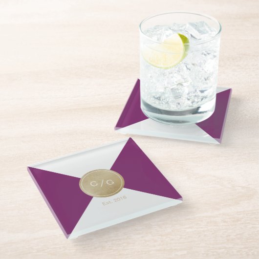 Wijnmakerij paarse minimalistische moderne bruilof glazen onderzetter (Schuin)