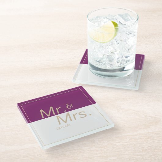 Wijnmakerij paarse minimalistische moderne bruilof glazen onderzetter (Schuin)