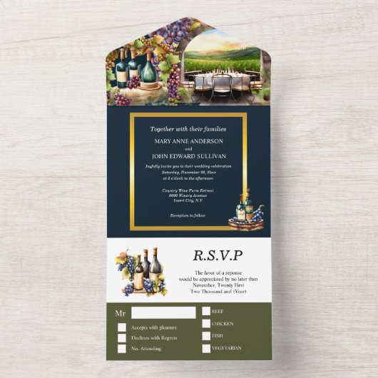 Wijnmakerij wijngaard wijnflessen druiven eettafel all in one uitnodiging (Binnen)