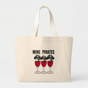 WIJNPIRATEN RODE WIJNGLASSEN EN PIRATE AFDRUKKEN GROTE TOTE BAG