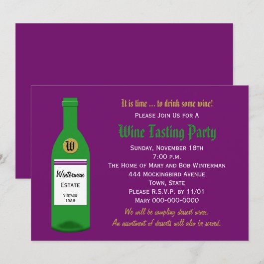 Wijnproeverij Feestuitnodiging Paarse Kaart (Voorkant / Achterkant)