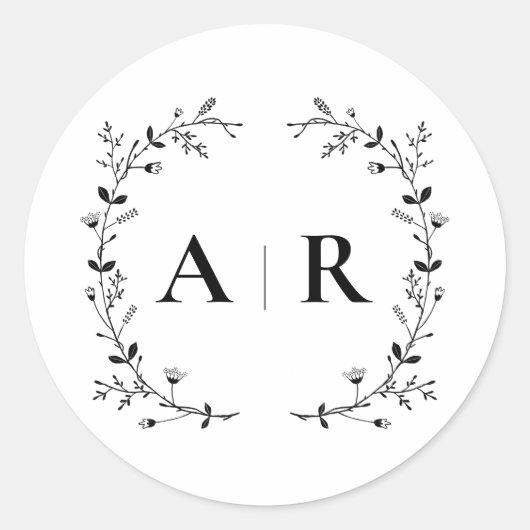 Wijnrank Huwelijkslabelzegel, Monogram Ronde Sticker (Voorkant)