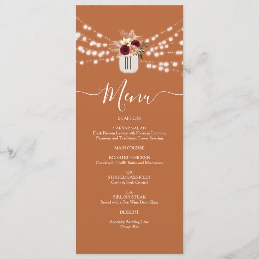 Wijnrode bloemrijke rustieke bruiloft menu (Voorkant)