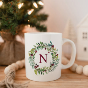 Wijnrood bloemenkrans initiële monogram koffiemok