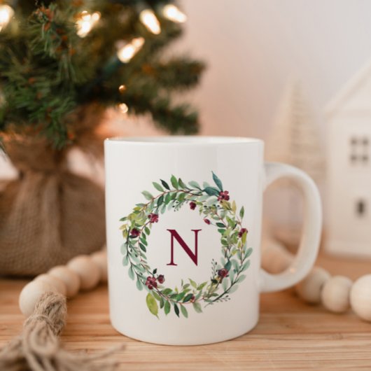 Wijnrood bloemenkrans initiële monogram koffiemok